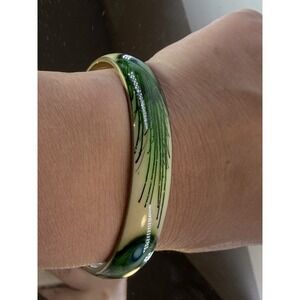 Vintage Hand Painted Enamel Feather Peacock Feather Brass Bangle Bracelet 2.75"